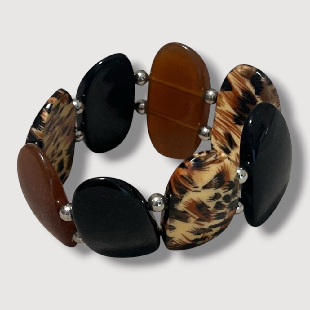 Chunky Leopard Print Stretch Bracelet Black‎ Amber Brown Oval Acrylic Statement
